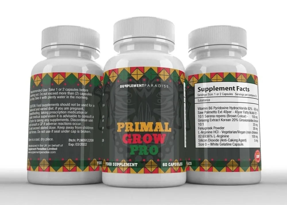 Primal Grow Pro supplement bottle with various natural ingredients.