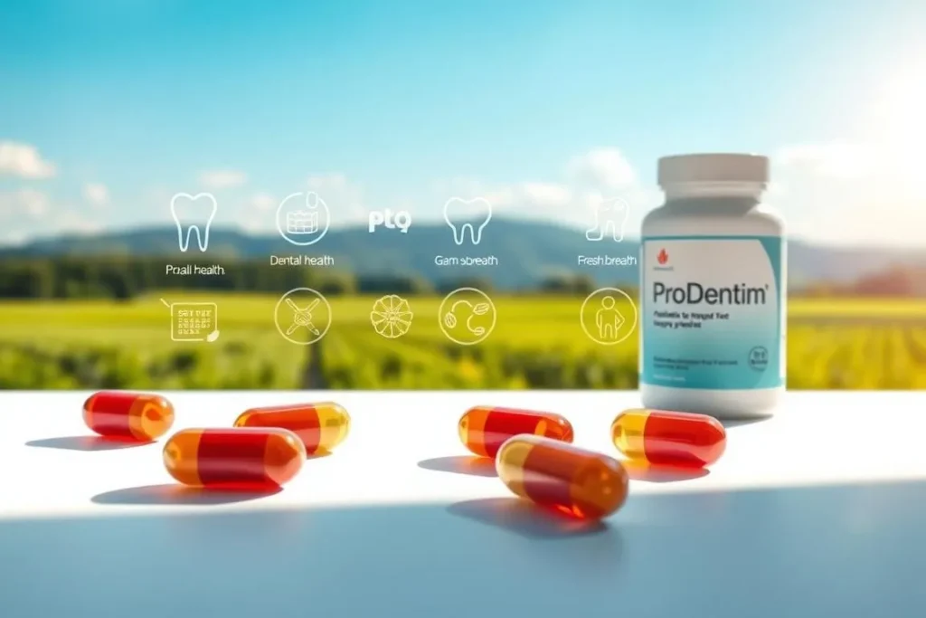 ProDentim supplement bottle and capsules with dental health icons.