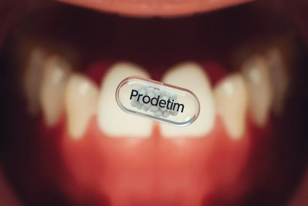 Prodetim pill inside an open mouth.