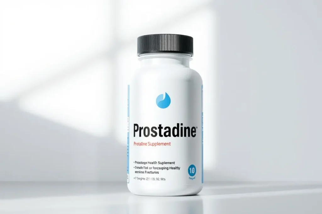 Prostadine supplement bottle with blue water drop logo.