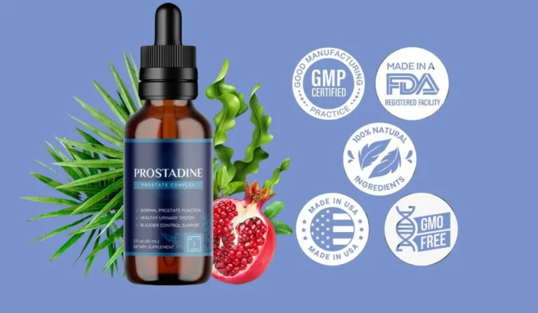Prostadine supplement bottle with ingredients and certification seals.