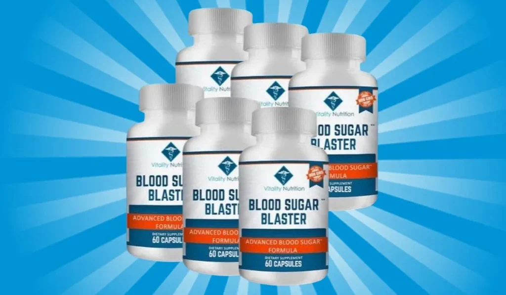 Six bottles of Blood Sugar Blaster supplement on a blue background.