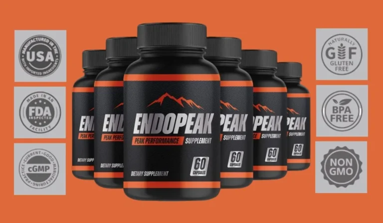 Six bottles of EndoPeak supplement with certification seals on a light brown background.