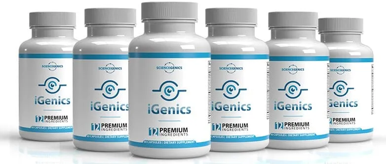 Six bottles of iGenics eye supplement.