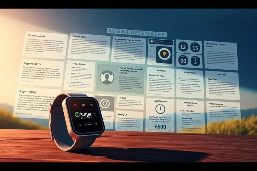 Smartwatch displaying Sugar Defender interface with projected data panels.