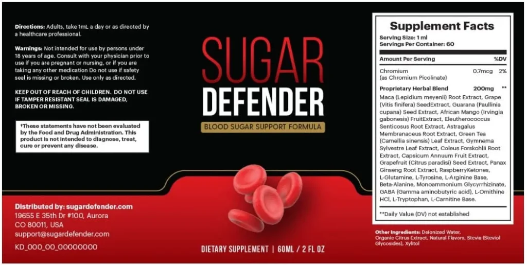 Sugar Defender supplement facts label and directions.