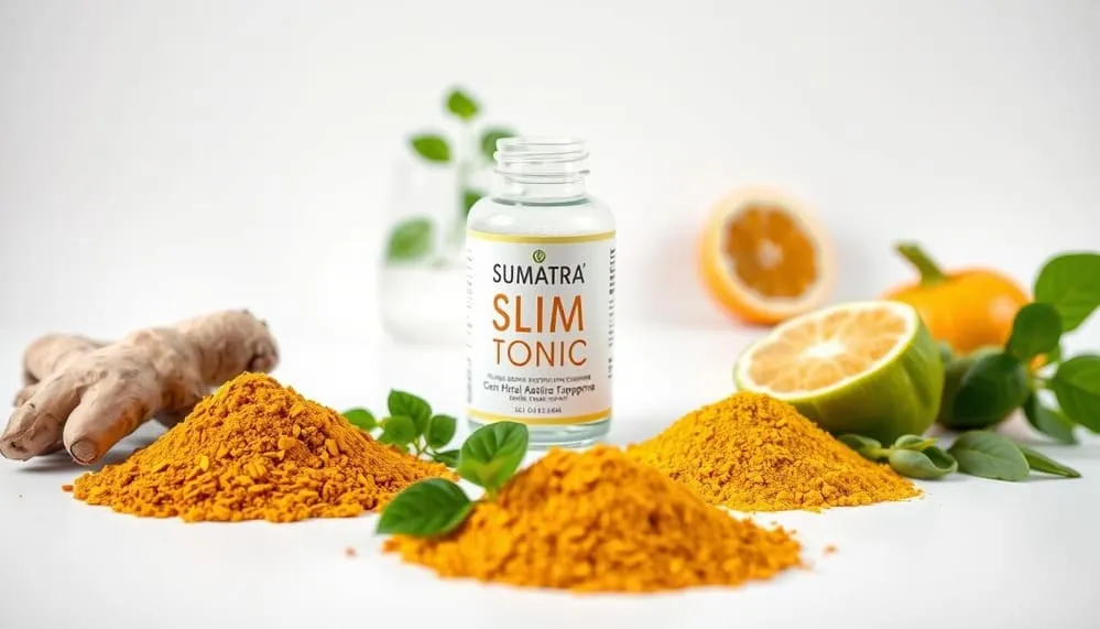 Sumatra Slim Belly Tonic bottle with turmeric powder, ginger, and citrus fruits.