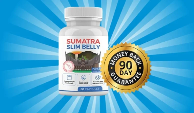 Sumatra Slim Belly tonic supplement bottle with 90-day money-back guarantee.