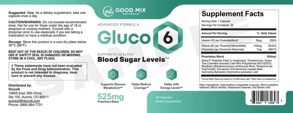 Supplement label for Gluco 6 blood sugar support.