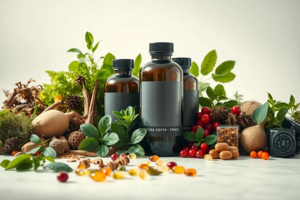 Three amber bottles with herbs, roots, and berries. Nagano Tonic.