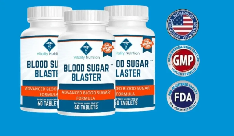 Three bottles of Blood Sugar Blaster supplement with certification seals.