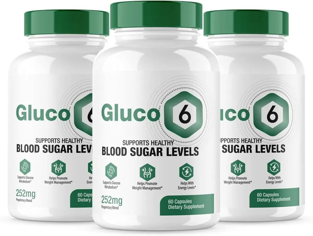 Three bottles of Gluco 6 blood sugar supplement.