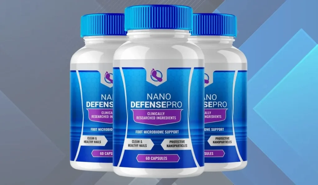Three bottles of Nano Defense Pro foot care supplement.