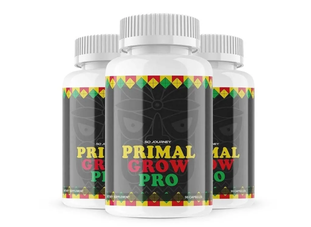 Three bottles of Primal Grow Pro supplement with a stylized tribal mask design.