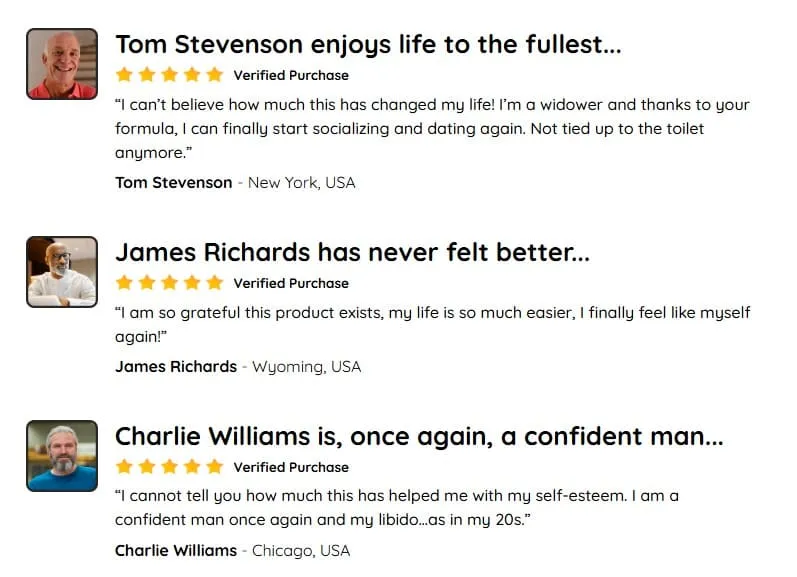 Three customer testimonials with photos and star ratings. Prostadine supplement.