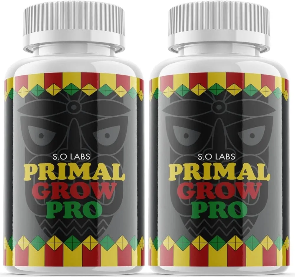 Two bottles of Primal Grow Pro supplement with a stylized tribal mask design.