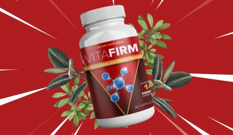 VitaFirm supplement bottle with molecular graphic and surrounding leaves on a red background.