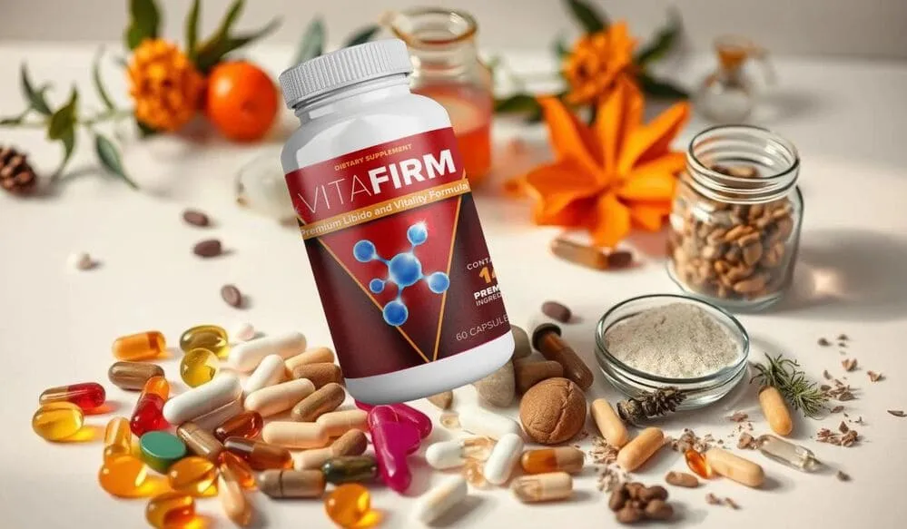 VitaFirm supplement bottle with natural ingredients on a vibrant background.