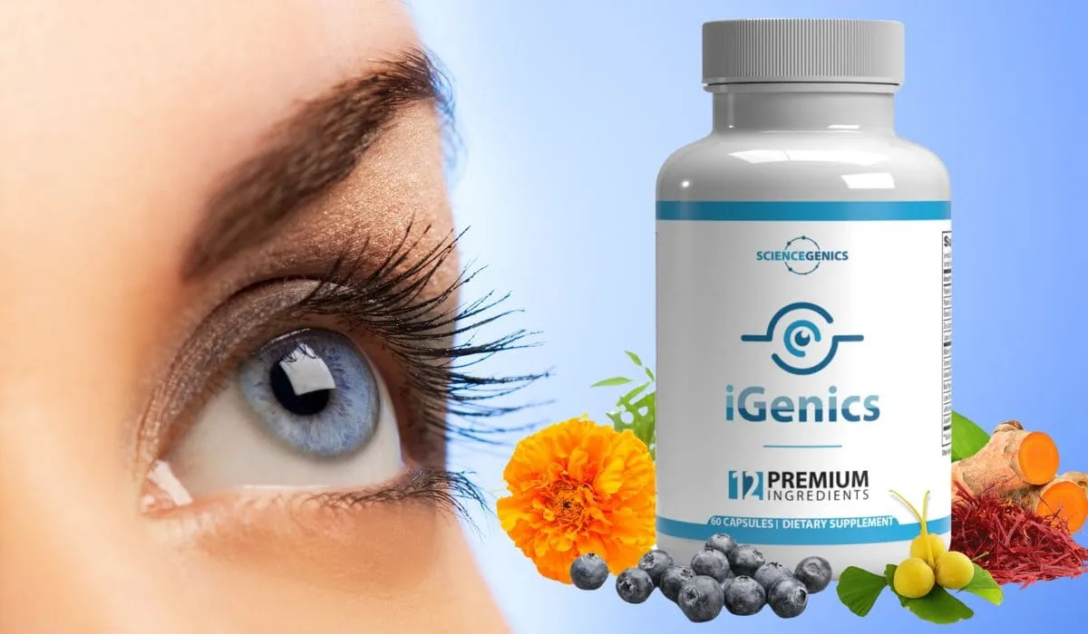 iGenics eye supplement with close-up of an eye and natural ingredients.