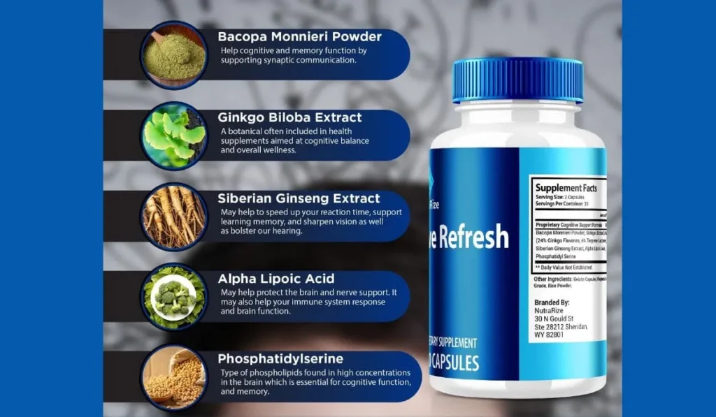 Bottle of Nerve Refresh supplement with ingredient information.