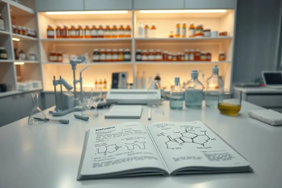 Open notebook with chemical structures in a lab. Nerve Fresh supplement.