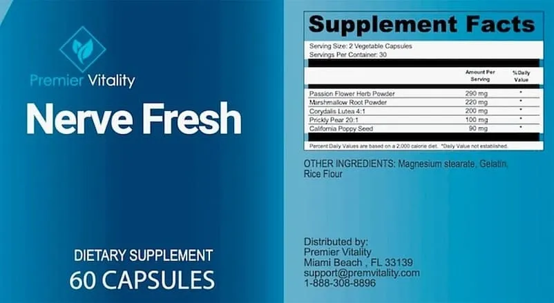 Supplement facts for Nerve Fresh capsules.