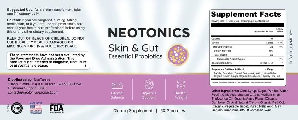 Supplement label for Neotonics Skin & Gut Gummies.
